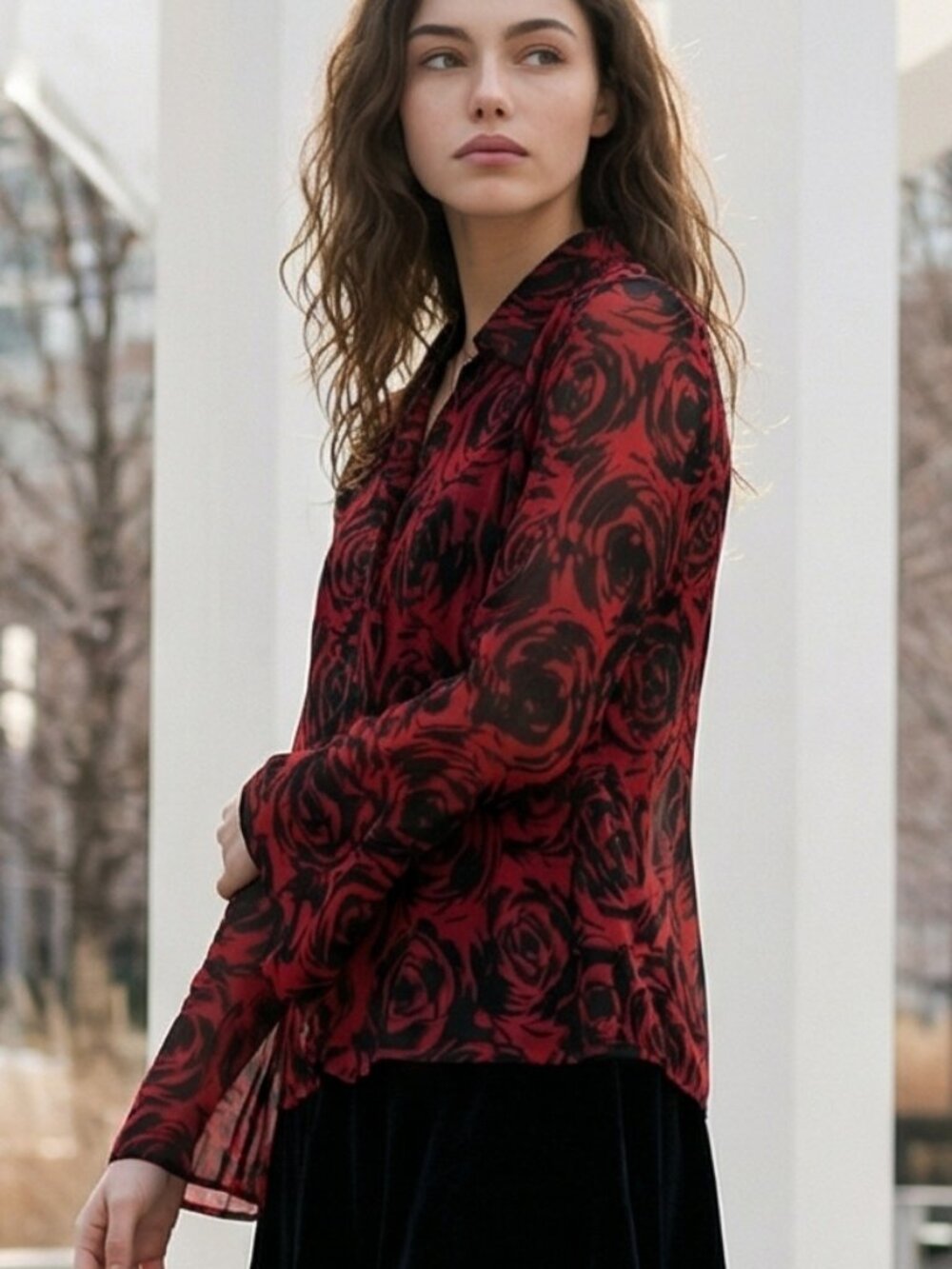 Fashion Bug Women's XL Vintage Blouse Red & Black Roses Romantic Gothic